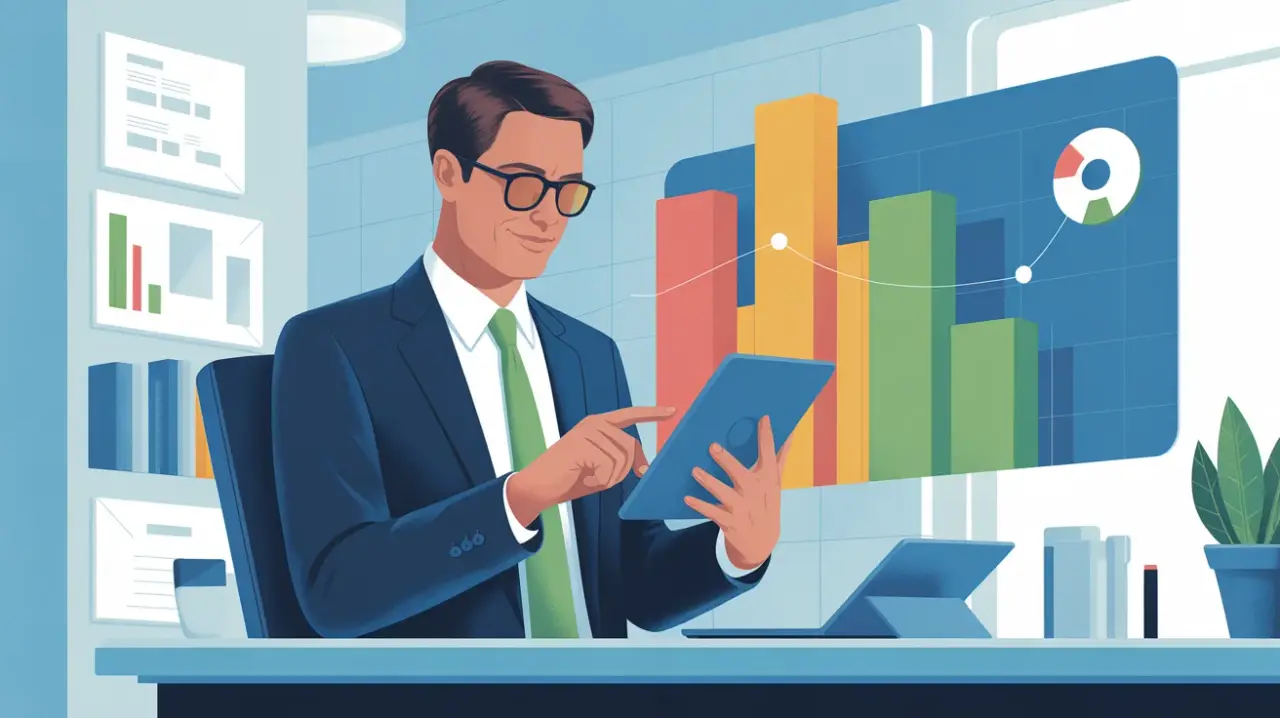 A confident business owner, perhaps a lawyer or medical practice manager, reviews abstract, colorful data visualizations on a tablet, representing call insights. The setting is a modern, clean office,