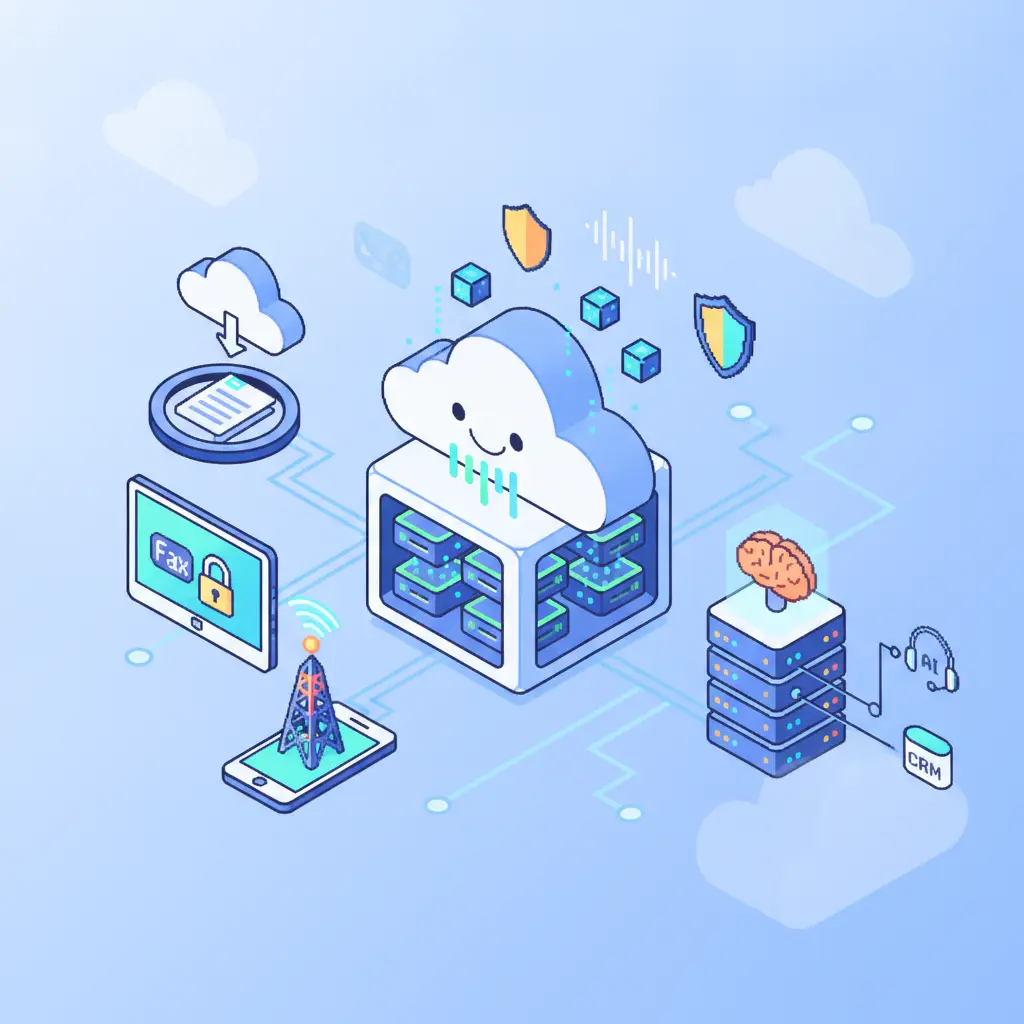 Pixel-art illustration for Best eFax Solutions for Secure Business Communication — cloud phones, network and AI call-intelligence icons.