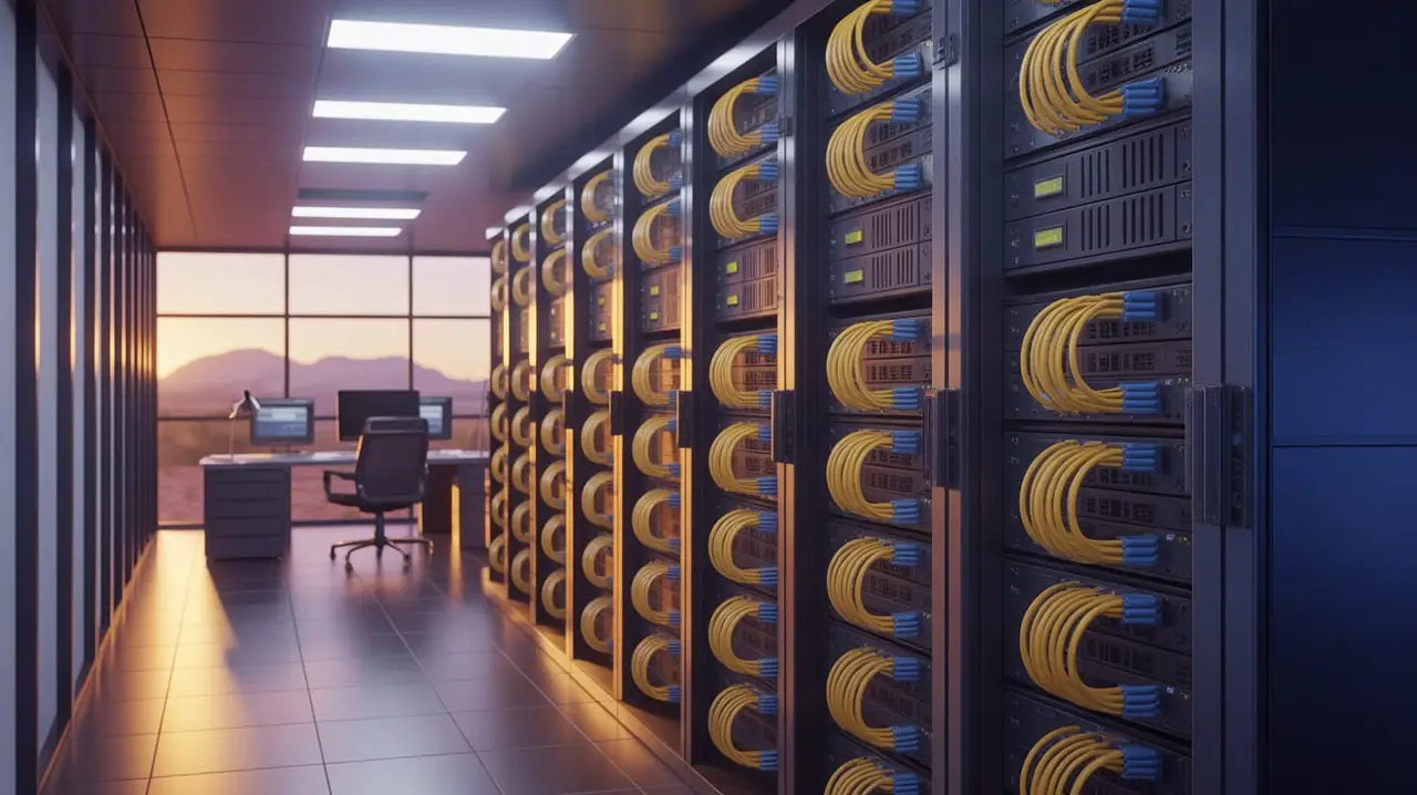 An organized enterprise network server rack illuminated with soft blue and amber fiber optic cabling inside a modern office in Mesa, Arizona. In the background through glass windows, warm desert sunse