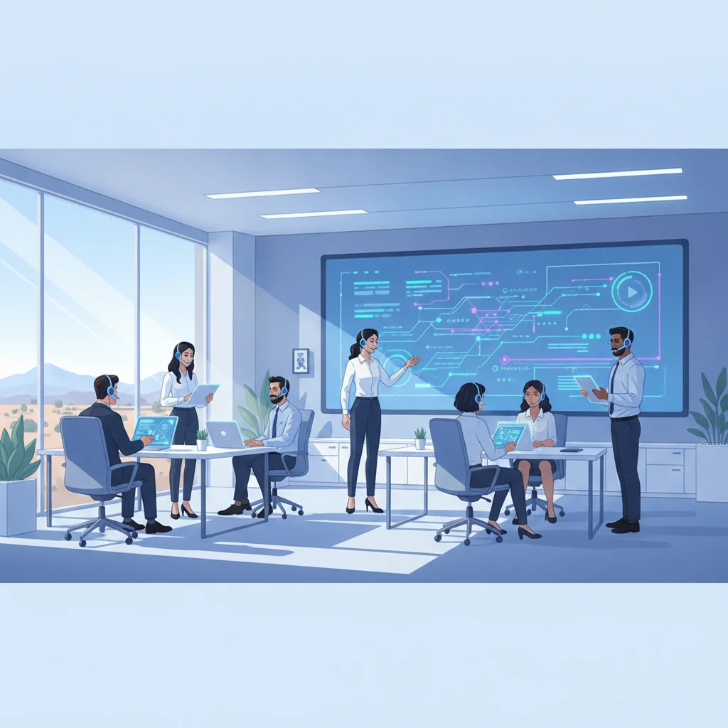 A high-tech, clean office interior in Chandler, Arizona, featuring a diverse team of professionals using sleek headsets and tablets. Soft morning sunlight filters through large windows, highlighting g