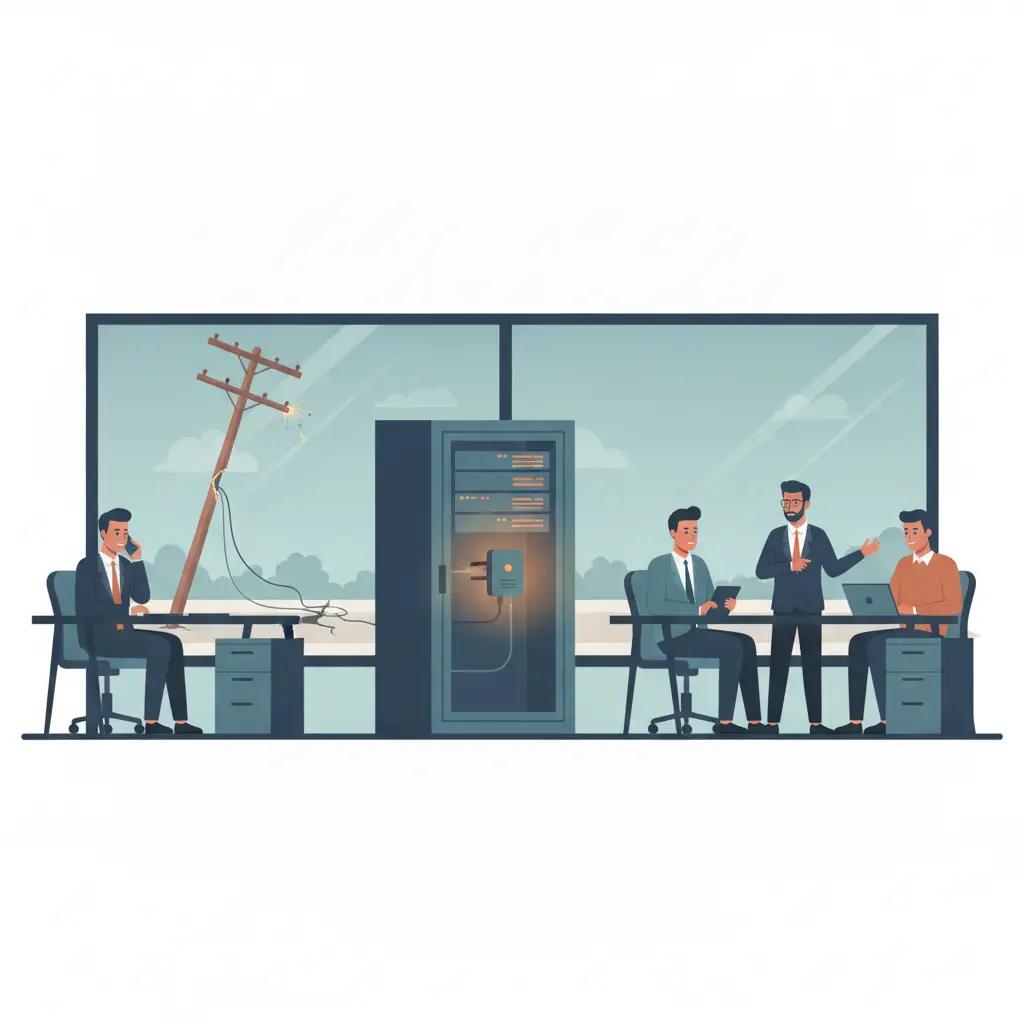 Editorial illustration of a Phoenix or Denver small-business operations room during a street-side fiber outage: an office firewall cabinet with a compact cellular gateway glowing subtly as desk-phone