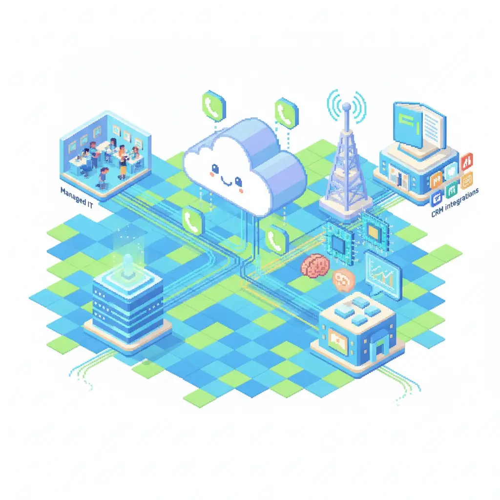 Pixel-art illustration for Choosing the Best Business VoIP Service Provider for SMBs — cloud phones, network and AI call-intelligence icons.