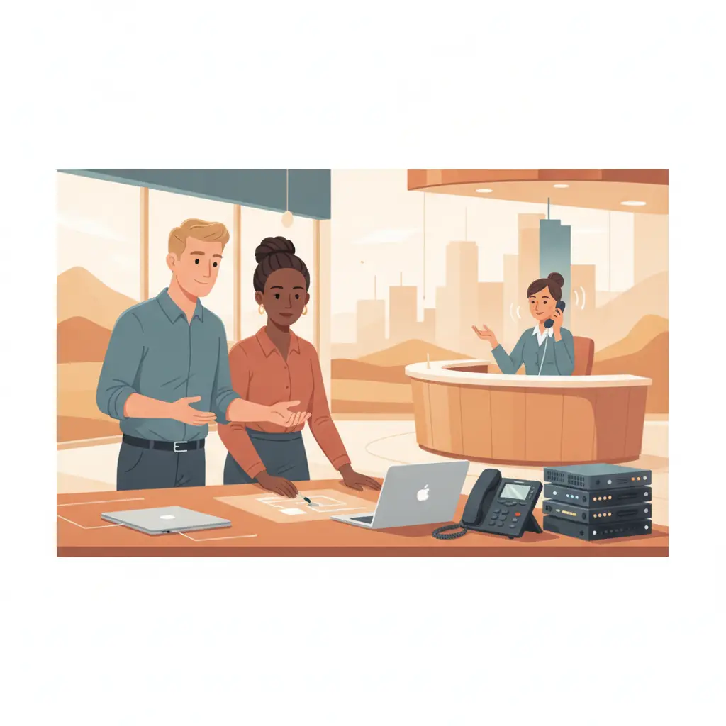 Illustrate a Phoenix-or-Denver professional-services office where a manager and an IT specialist review a live customer-call coaching moment together while a receptionist confidently routes a call nea