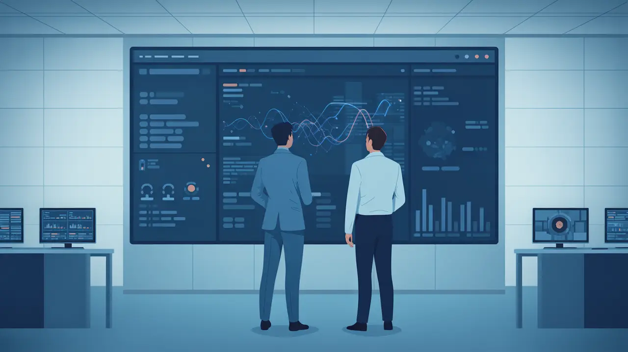 An in-house IT professional and an external cybersecurity expert stand side-by-side, collaboratively analyzing a complex network security dashboard on a large screen in a modern, calm command center.