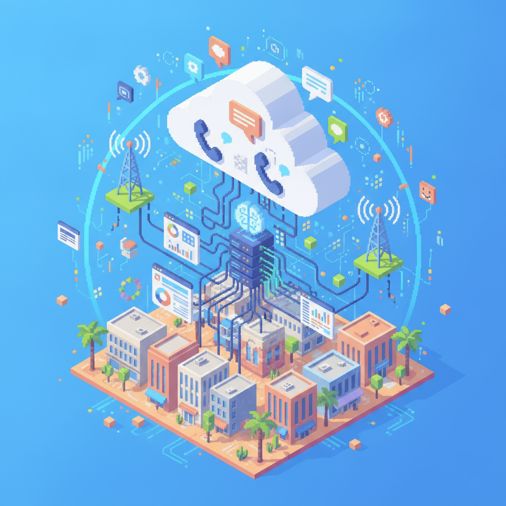 Pixel-art illustration for Elevate Chandler Business with Advanced VoIP Solutions — cloud phones, network and AI call-intelligence icons.