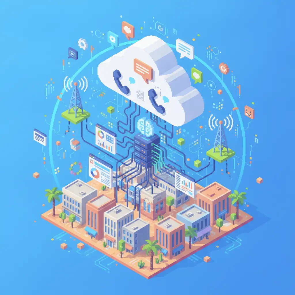Pixel-art illustration for Elevate Chandler Business with Advanced VoIP Solutions — cloud phones, network and AI call-intelligence icons.