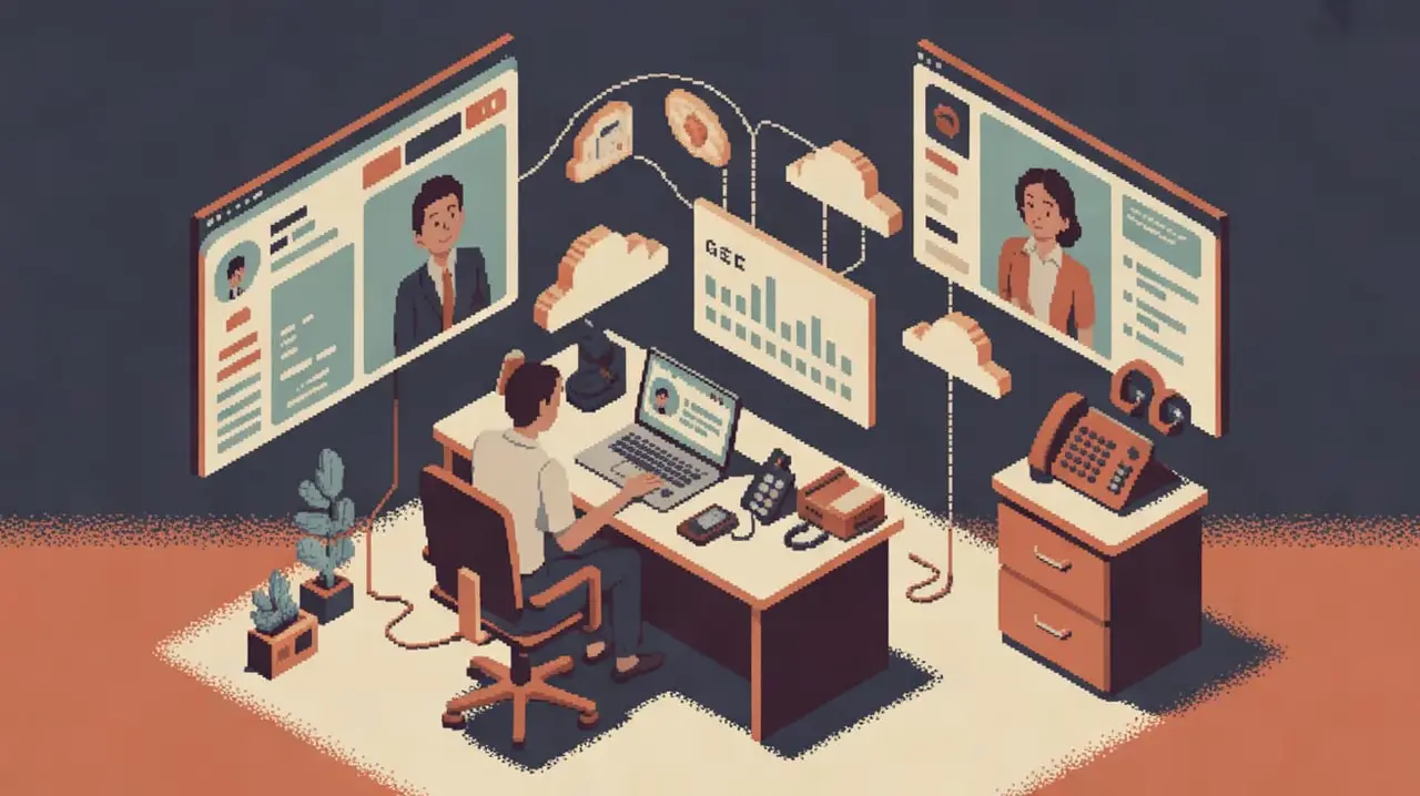 Create a polished editorial illustration of a Gilbert office support specialist at a desk coordinating a laptop, desk phone