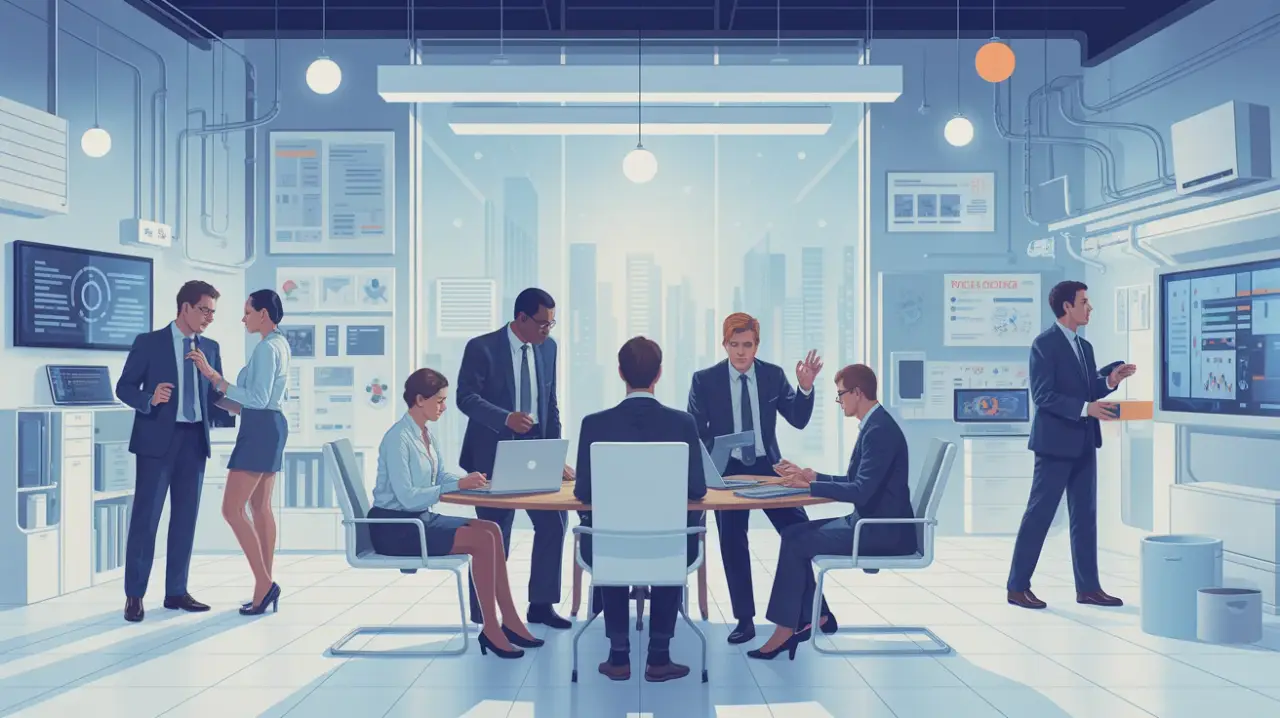 A diverse team of business professionals collaborating efficiently in a modern, well-lit office, surrounded by seamlessly integrated technology. The mood is calm and productive, reflecting streamlined