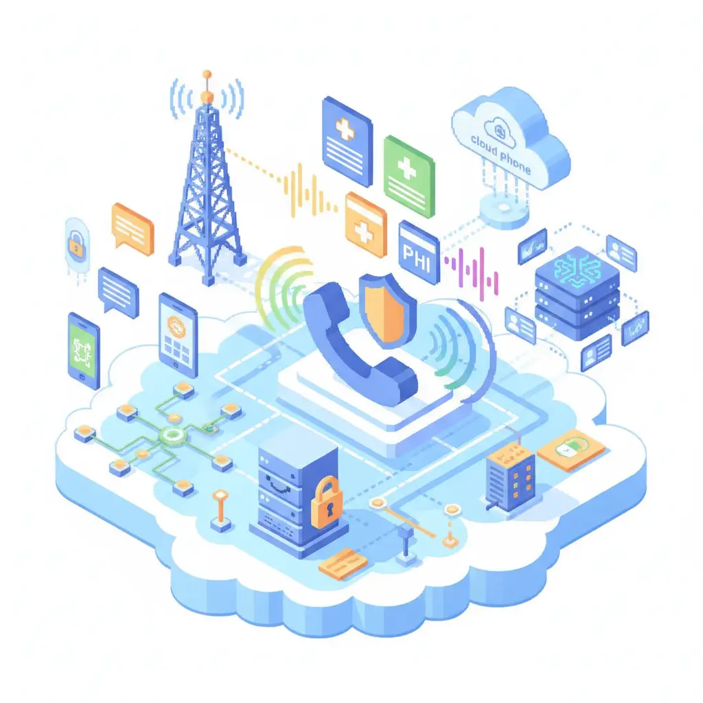 Pixel-art illustration for HIPAA-Compliant VoIP: Securing PHI Across Voice and SMS — cloud phones, network and AI call-intelligence icons.