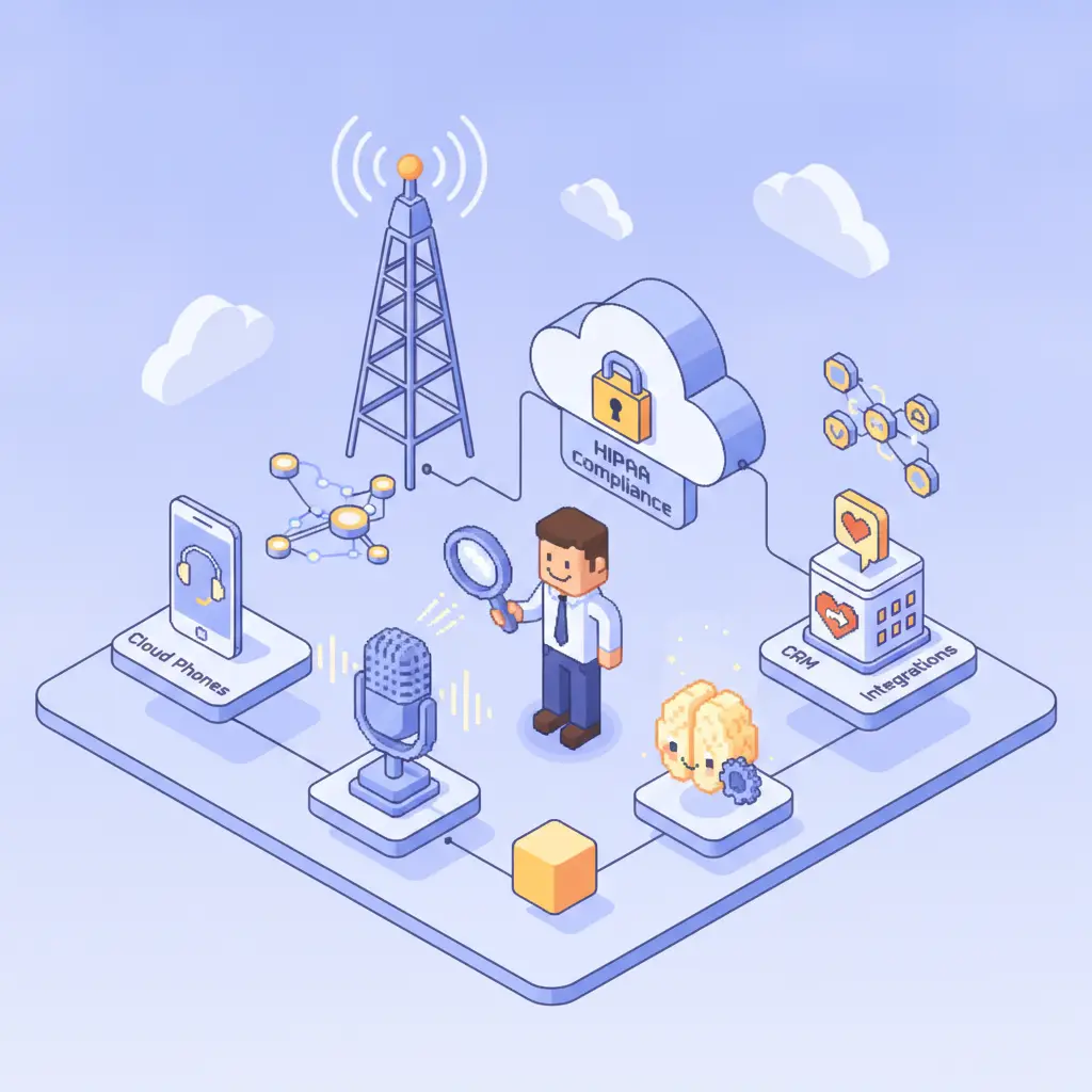 Pixel-art illustration for How to Audit AI Call Transcription for HIPAA Compliance — cloud phones, network and AI call-intelligence icons.