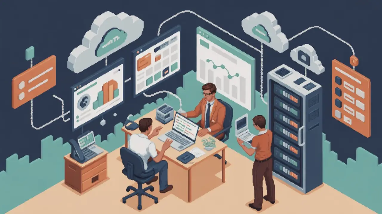 Illustrate a real Tempe-area operations manager and an IT technician in a modern small-business office, jointly tracing an issue across a laptop, desk phone, and network equipment while a customer-ser
