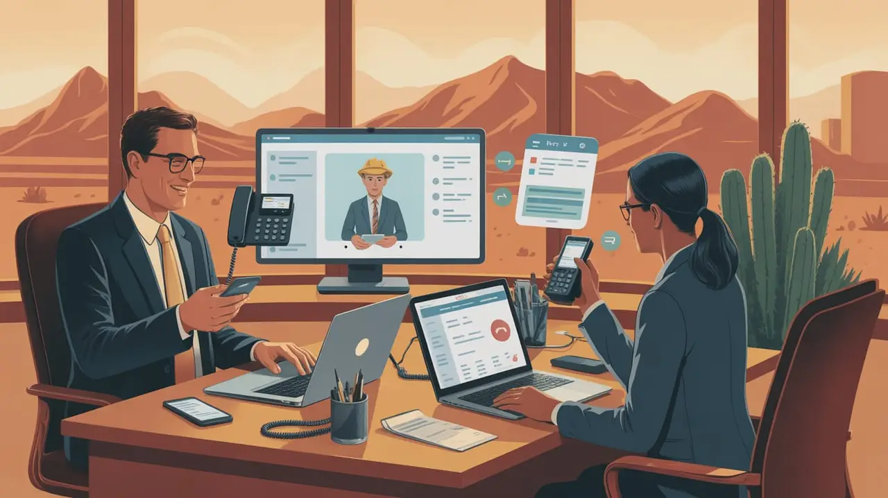 Illustrate a real operations manager and a field-service coordinator at a warmly lit Phoenix-area office desk, jointly reviewing a desk phone, laptop, and mobile device while an incoming call is intel