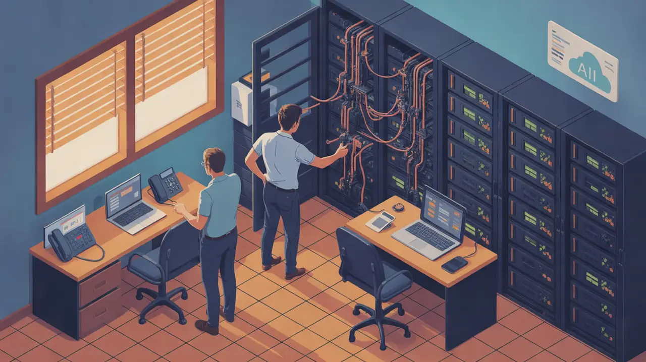 Show a local IT technician and a business operations manager in a tidy Gilbert office network closet, jointly tracing a connection from a compact network rack toward a desk phone and laptop while reso