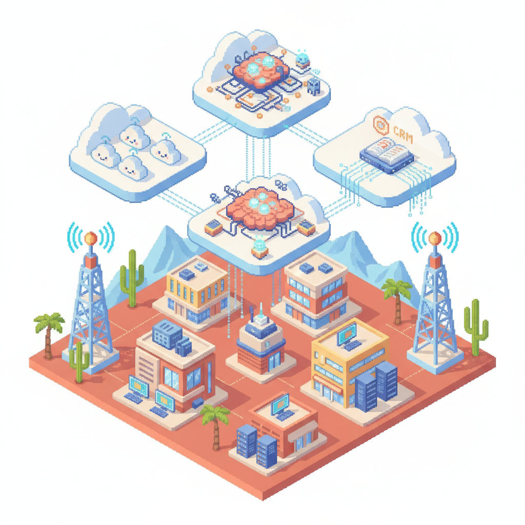Pixel-art illustration for Expert Managed IT Services for Businesses in Gilbert, AZ in gilbert, az — cloud phones, network and AI call-intelligence icons.