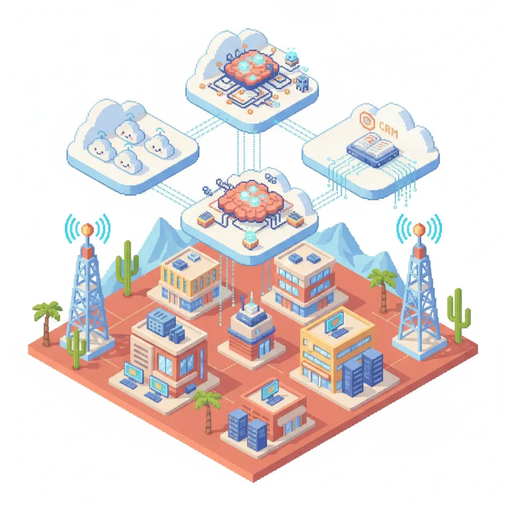 Pixel-art illustration for Expert Managed IT Services for Businesses in Gilbert, AZ in gilbert, az — cloud phones, network and AI call-intelligence icons.