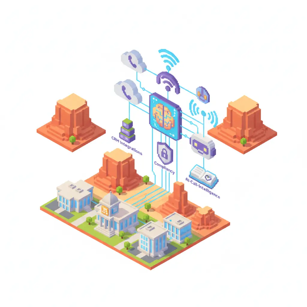 Pixel-art illustration for Mesa AZ Managed IT Services for Law Firms: Compliance & Security in Mesa, AZ — cloud phones, network and AI call-intelligence icons.