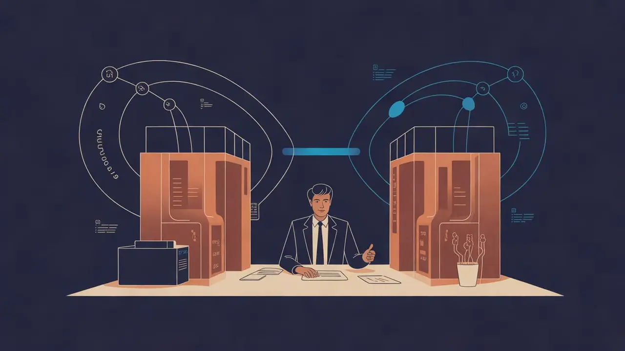 Create a polished editorial illustration of a Phoenix-area operations manager in a modern office studying a tabletop model