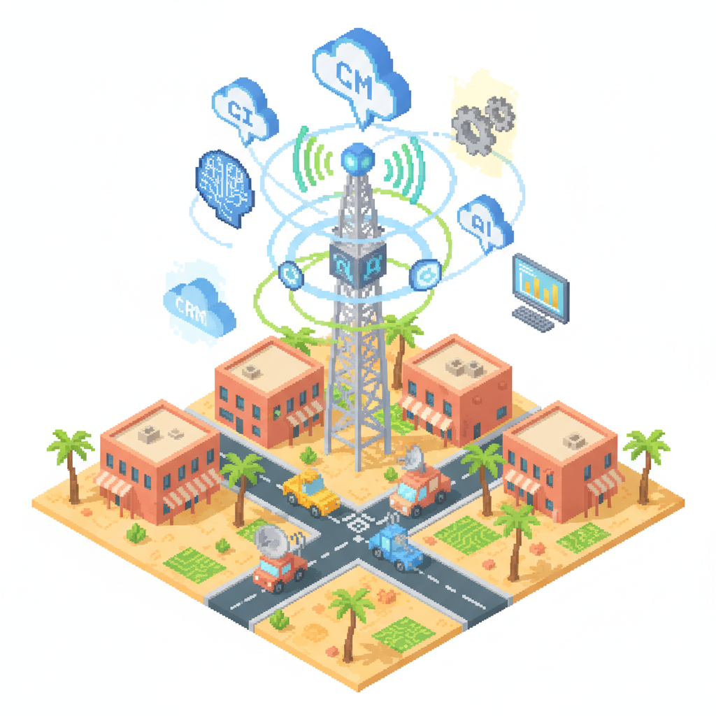 Pixel-art illustration for Upgrade Communications: Business VoIP in Chandler AZ — cloud phones, network and AI call-intelligence icons.