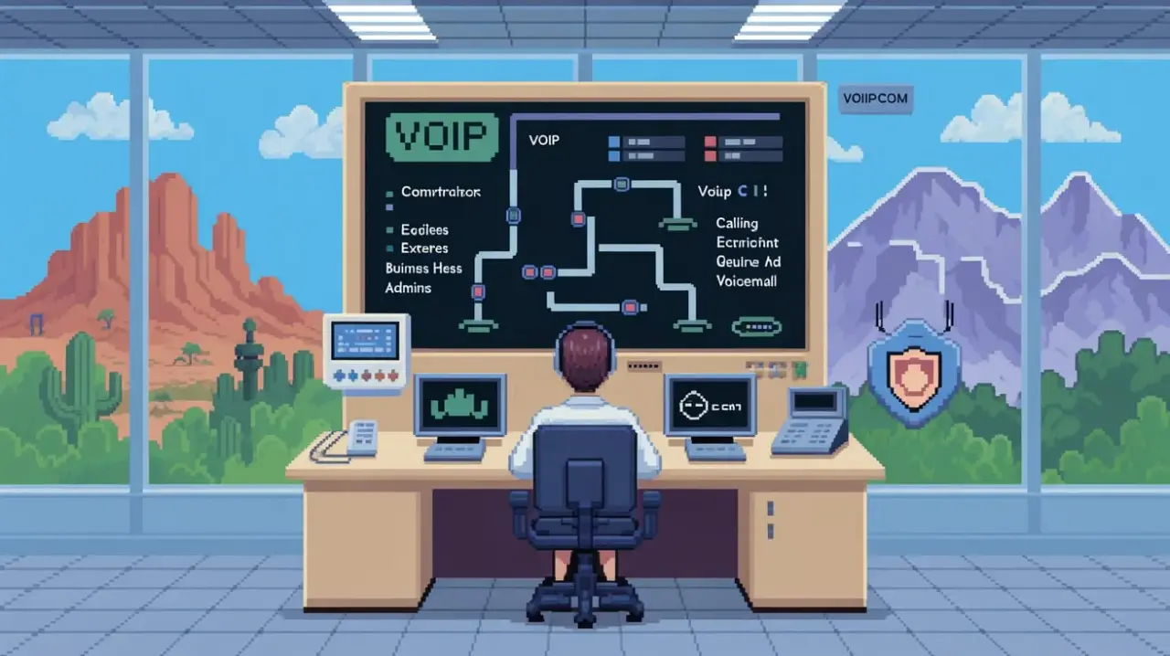 A modern business operations manager in a bright Phoenix-or-Denver-style office reviewing a clean communications dashboard on a laptop, with subtle visual cues of connected desk phones and remote team