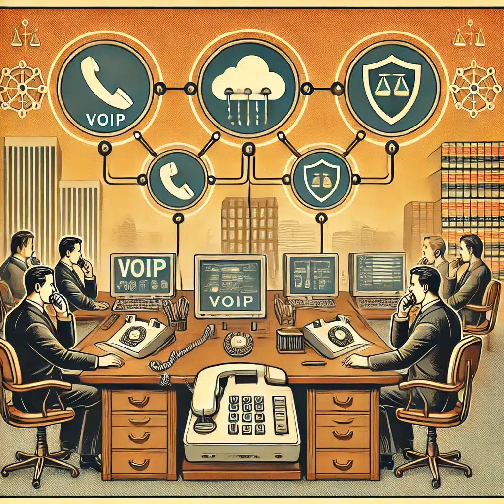 Vintage-style illustration of a modern law office with lawyers using VoIP phones and computers. The scene includes digital call interfaces, cloud icons, and cybersecurity shields, representing managed IT services. A cityscape with connected networks in the background symbolizes seamless communication. The design features warm, nostalgic tones inspired by mid-century advertising posters.