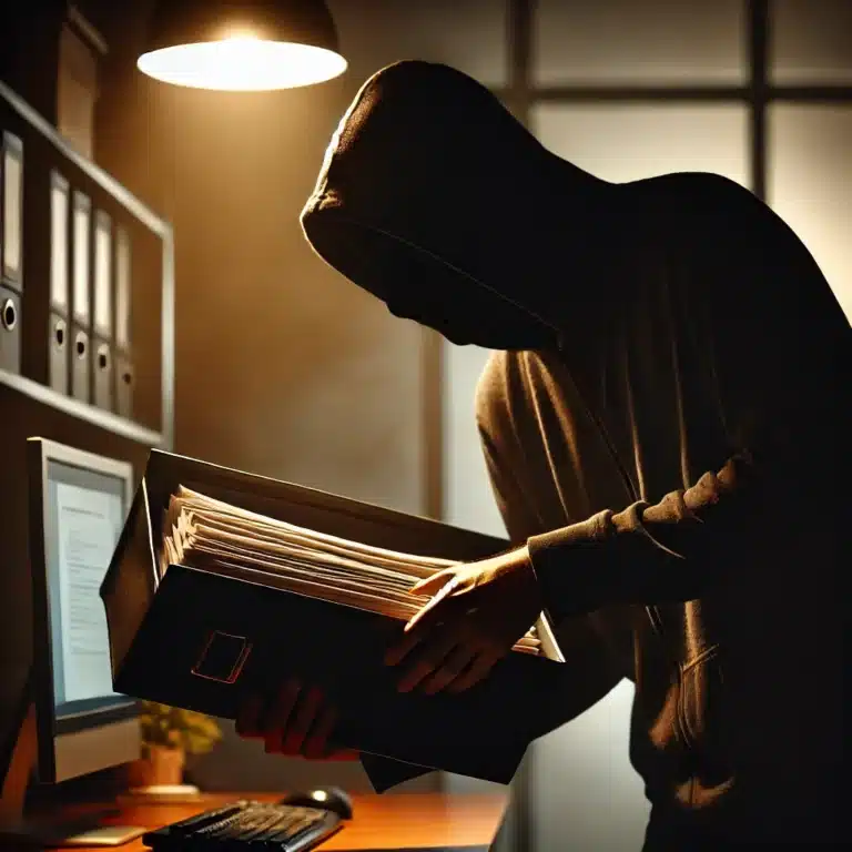 A figure in a hoodie is seen stealing a file folder filled with documents from an office desk. The figure's face is obscured, and they are illuminated by a dim light, evoking a sense of secrecy and theft. The office setting includes a computer and filing cabinets in the background, with an atmosphere of vulnerability and espionage.