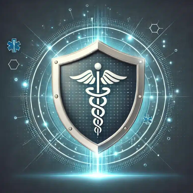 The image features a sleek, modern medical shield icon with a subtle glow, symbolizing data security and HIPAA compliance. The shield prominently displays a caduceus (a staff with two snakes and wings), emphasizing its connection to the healthcare industry. The background includes a digital, futuristic design with circuit-like elements and soft blue tones, reinforcing the theme of cybersecurity in healthcare.