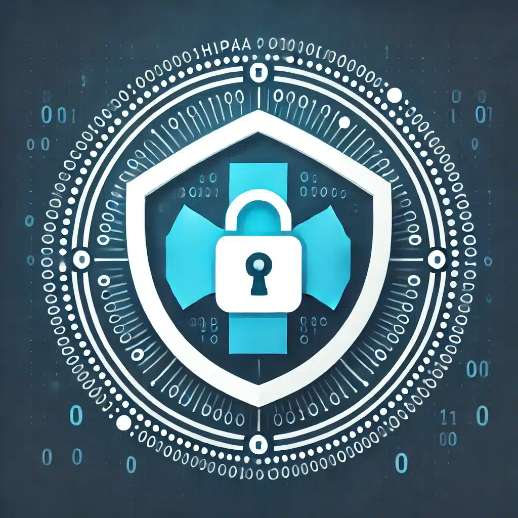 Illustration of a medical shield with a secure lock symbol in the center, representing HIPAA-compliant data protection. The shield is designed in a professional blue and white color scheme with encryption elements, symbolizing security and confidentiality in healthcare communications.