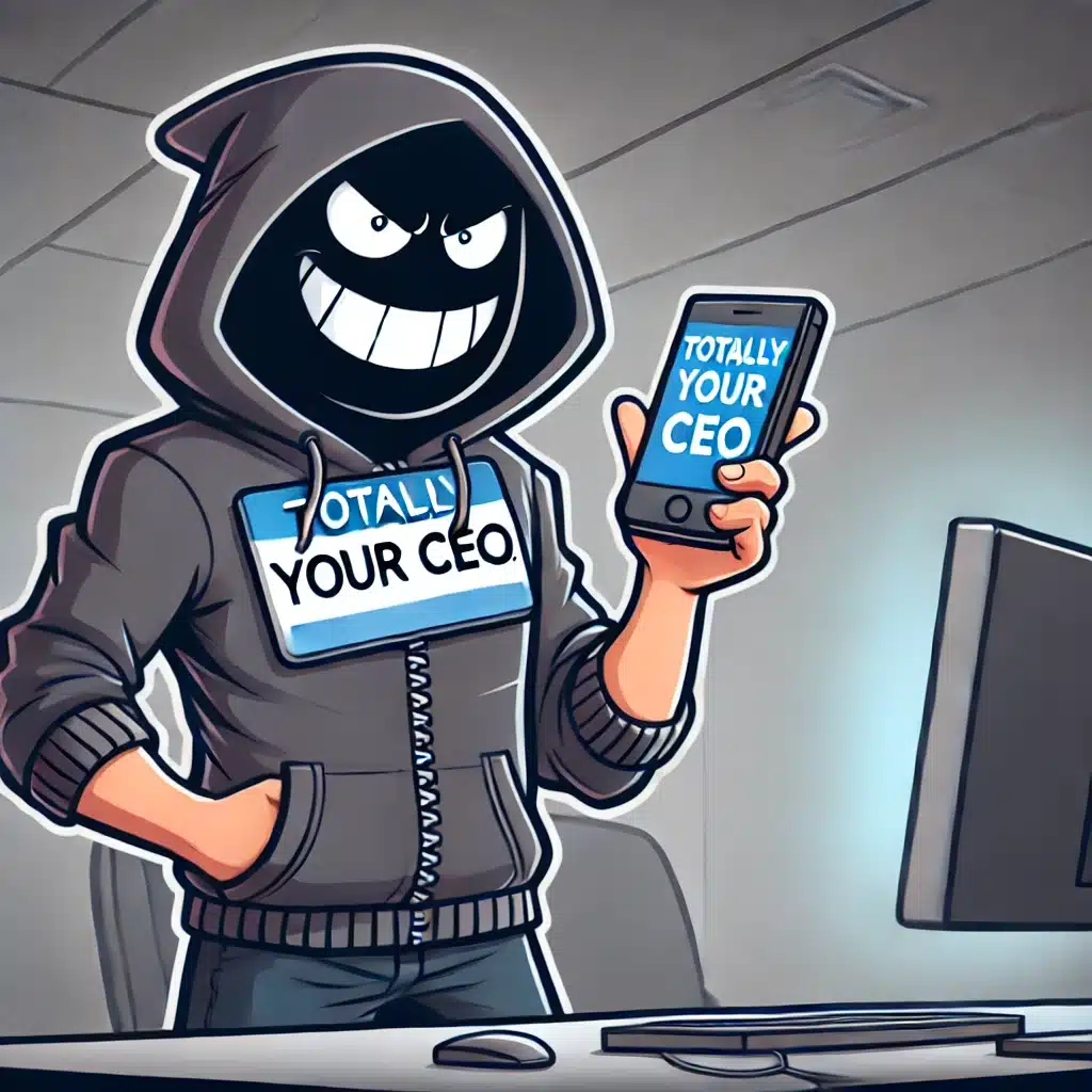 A cartoon of a shady-looking hacker wearing a hoodie with a nametag that says "Totally Your CEO." The hacker is holding a phone and smirking mischievously, sitting in front of a glowing computer screen in an office setting.