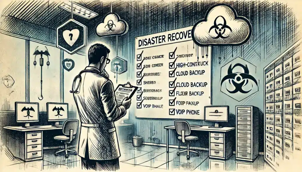 Hand-drawn graphic novel-style illustration of a doctor reviewing a disaster recovery checklist in a medical office, with cybersecurity icons representing cloud backup, firewall, and VoIP security.