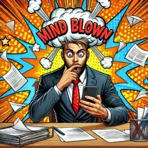 Cartoon of a business owner at a desk, looking shocked at their phone with a funny mind-blown explosion graphic behind them, representing fast and hassle-free VoIP 10DLC compliance setup.