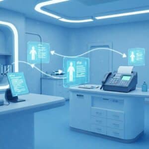 Futuristic medical office with sleek, high-tech equipment, featuring digital eFax data floating between devices, symbolizing seamless electronic faxing and efficient healthcare communication.