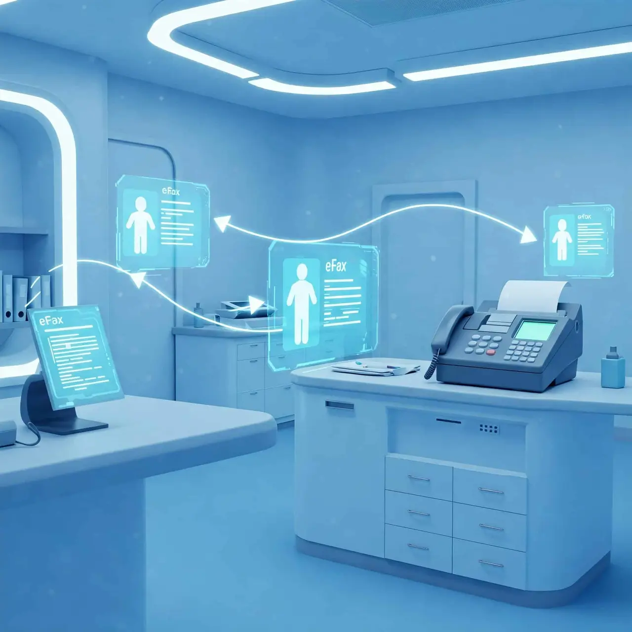 Futuristic medical office with sleek, high-tech equipment, featuring digital eFax data floating between devices, symbolizing seamless electronic faxing and efficient healthcare communication.