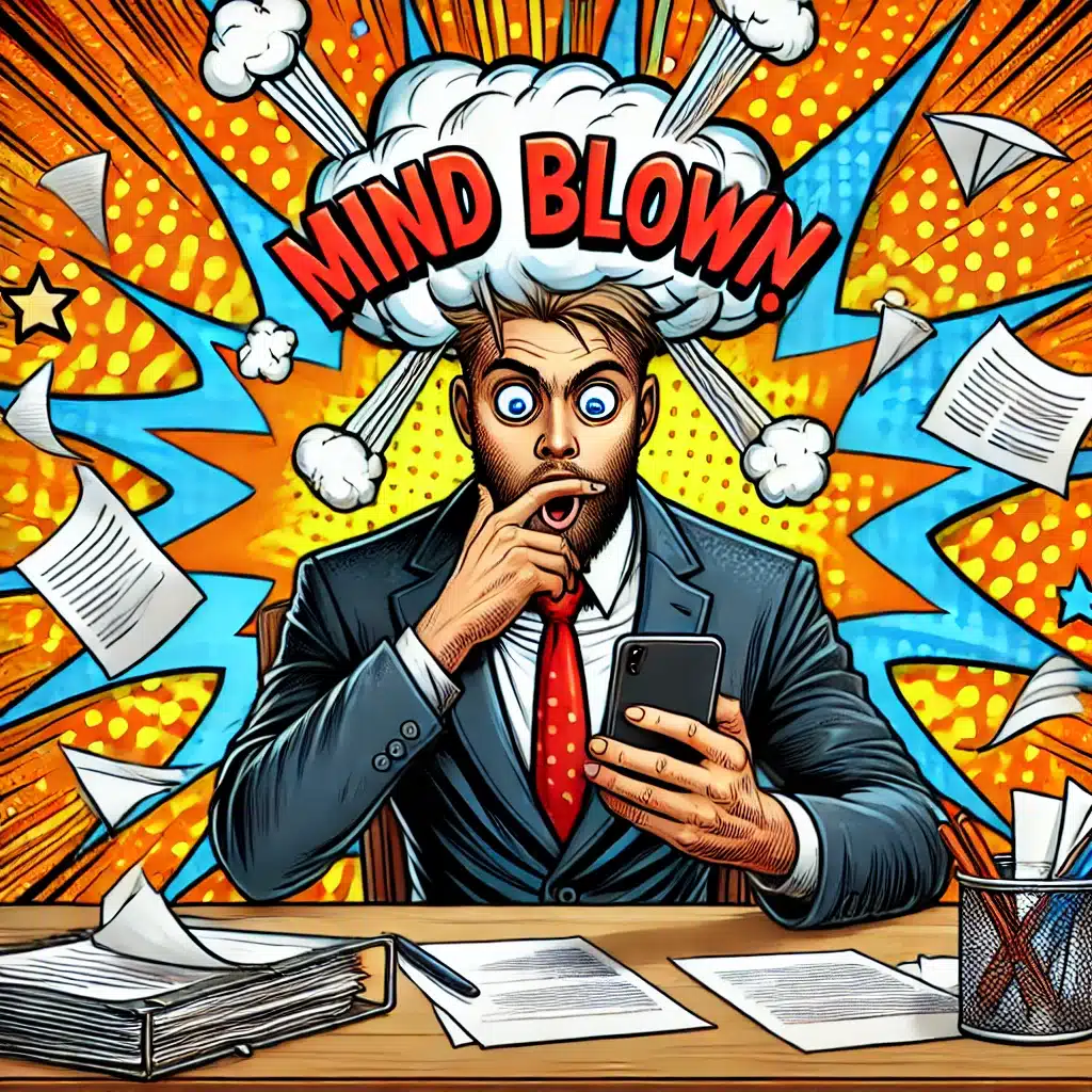 Cartoon of a business owner at a desk, looking shocked at their phone with a funny mind-blown explosion graphic behind them, representing fast and hassle-free VoIP 10DLC compliance setup.