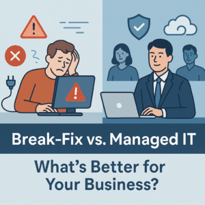 Illustration comparing break-fix IT support and managed IT services, showing a frustrated user with broken tech on one side and a calm professional with secure, efficient systems on the other.