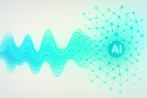 Abstract digital artwork showing AI-enhanced VoIP technology, with glowing blue and green sound waves transforming into a connected neural network on a clean, modern background.