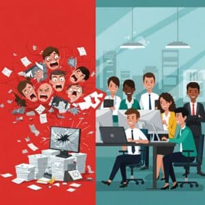 A vector illustration depicting a split-screen scene. The left side showcases a chaotic office environment with scattered papers, broken electronic devices, and panicked faces. The right side contrasts with a modern, organized office space where a diverse team of professionals works with sleek technology, exuding calmness and efficiency.