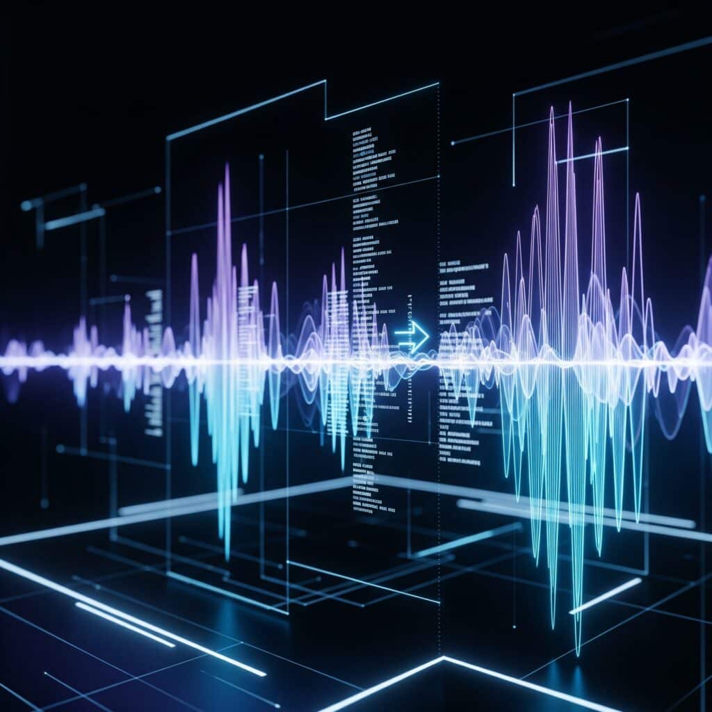 An abstract digital visualization of glowing blue and purple audio waveforms transforming into organized blocks of text, symbolizing AI data analysis for call summarization.
