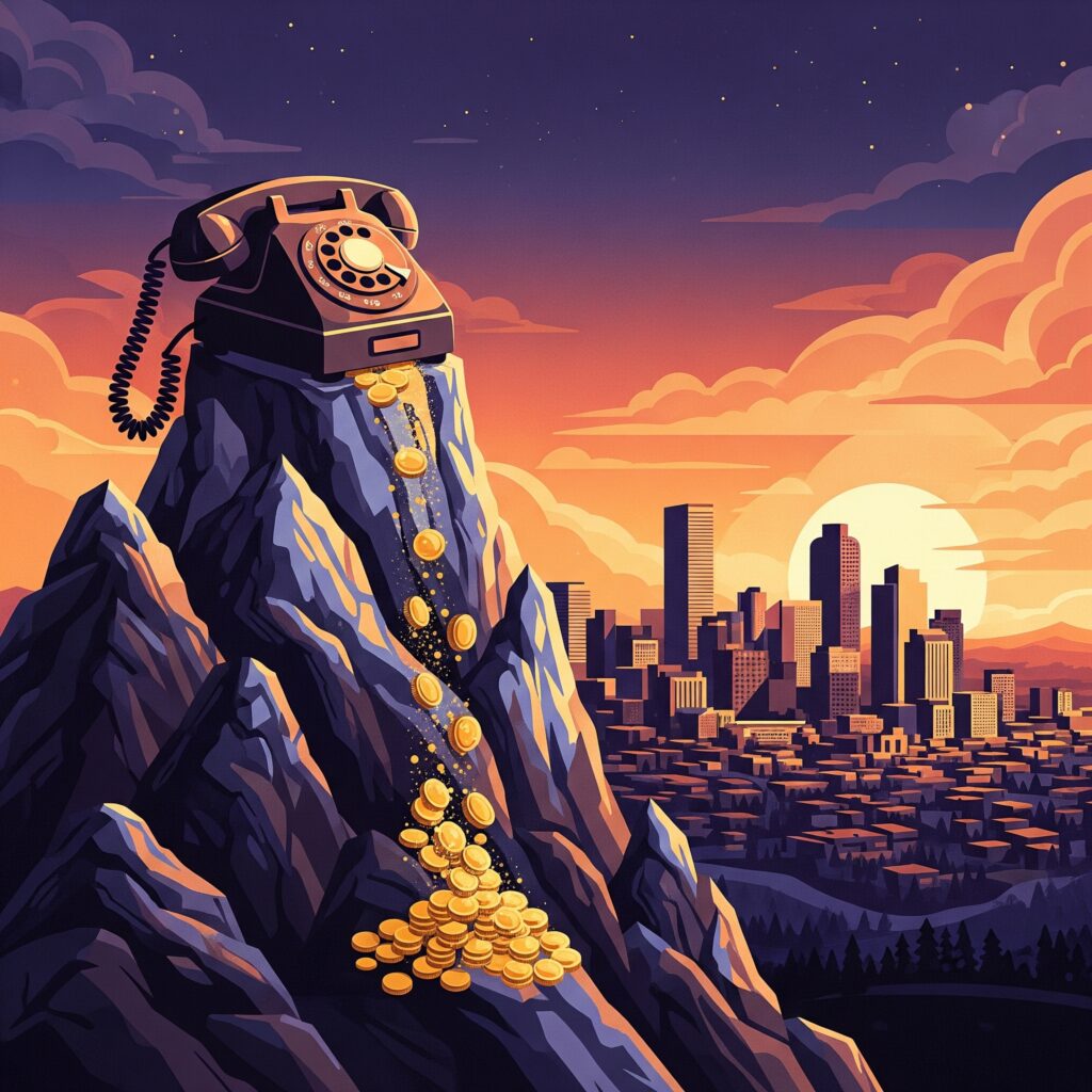 A stylized illustration of a vintage rotary phone on a mountain peak, with a cascade of golden coins flowing down the mountainside like an avalanche. The Denver skyline is visible in the valley below under a dramatic orange, purple, and gold sunset, all in a modern flat design style.