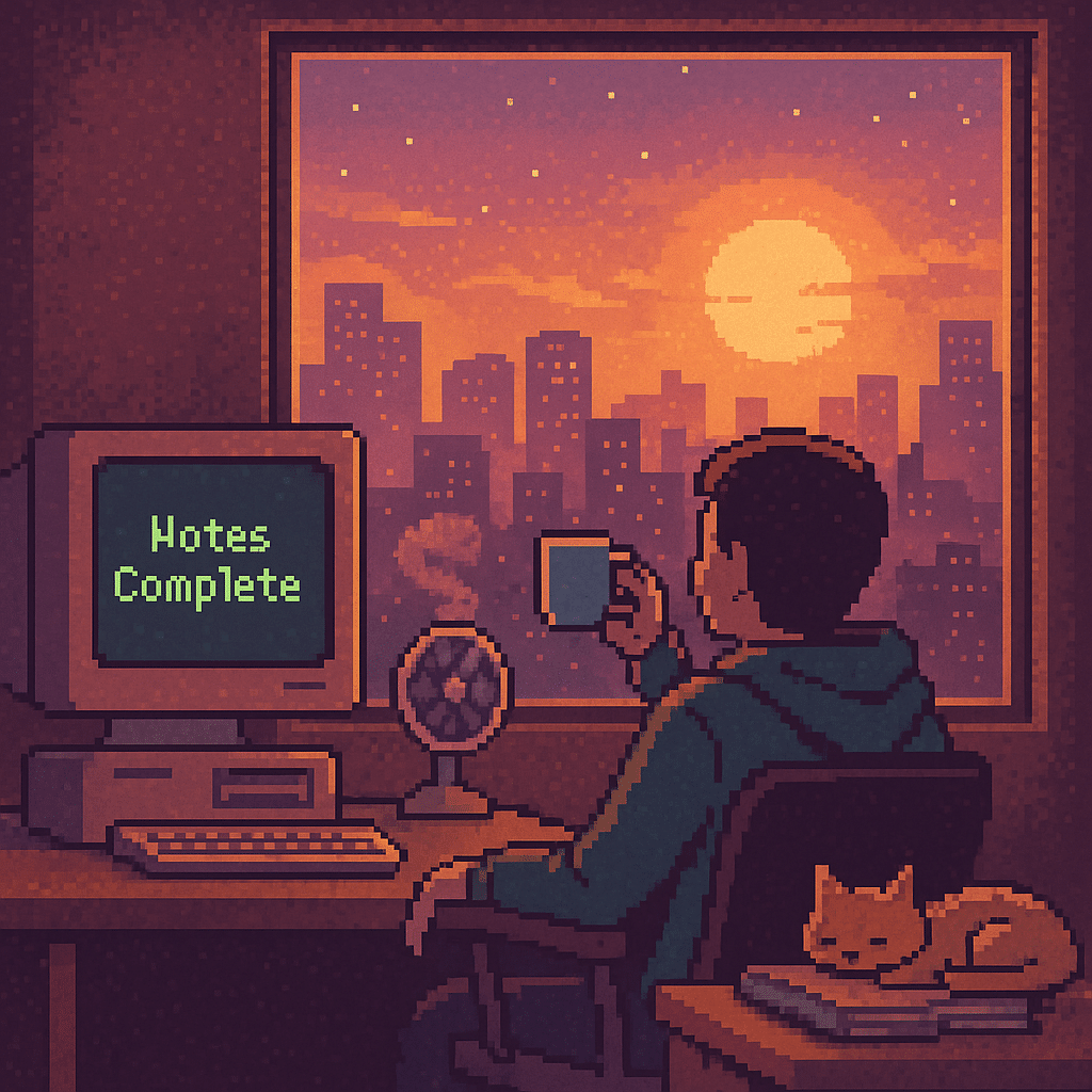 Pixel art scene of a relaxed office at sunset. A person in a hoodie sits in front of a glowing CRT monitor that reads "Notes Complete," sipping coffee while looking out at a pixelated city skyline. A cat naps on paperwork nearby, capturing a calm post-call vibe.