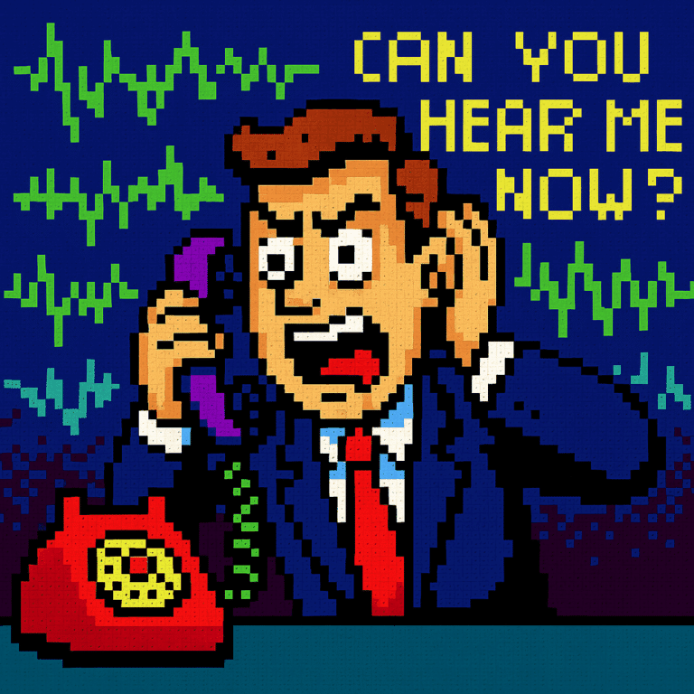 1980s-style pixel art of a frustrated businessman holding a red desk phone with distorted audio waves and text ‘Can you hear me now?’ highlighting poor call quality issues.