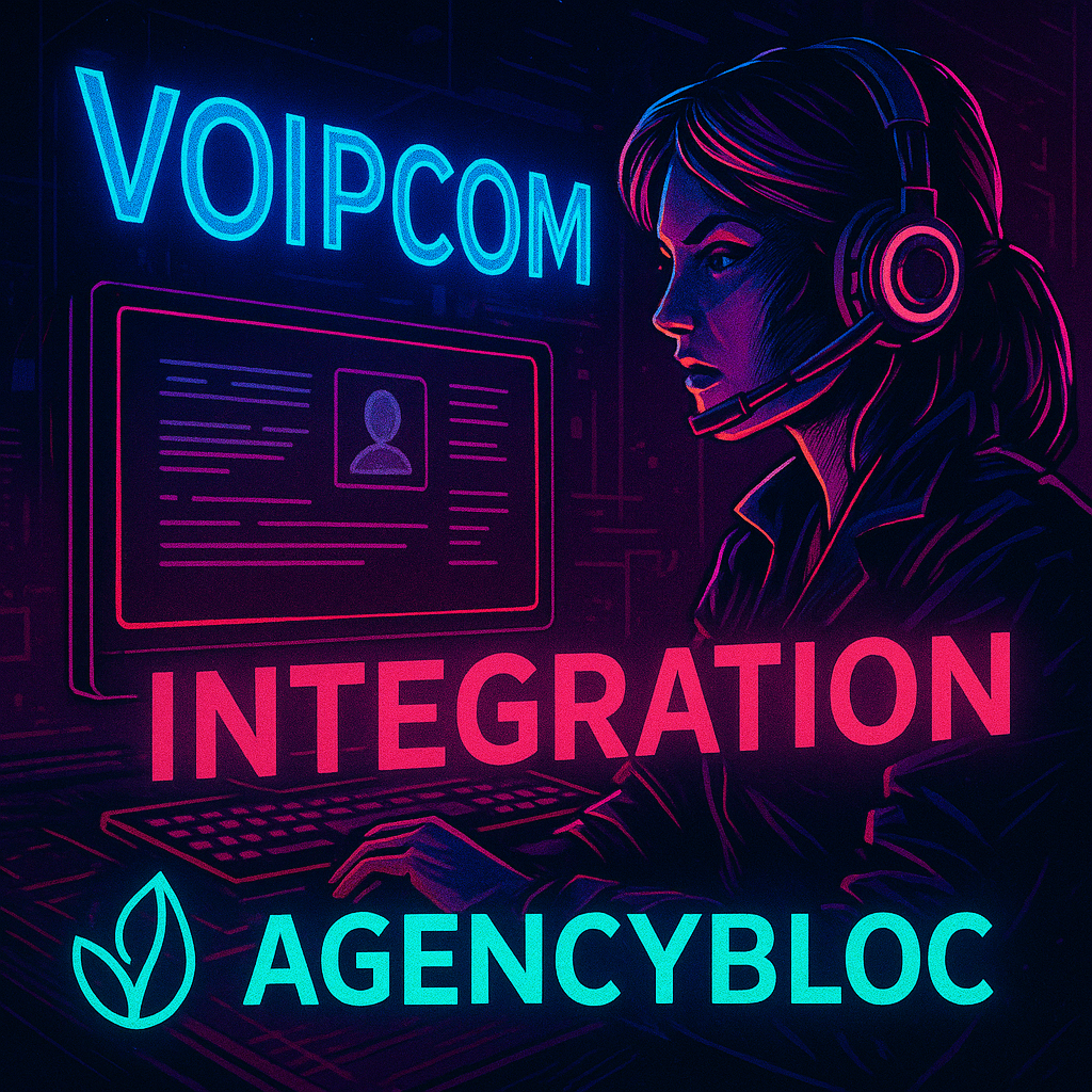 Pixel art cyberpunk illustration of a headset-wearing operator at a glowing computer, surrounded by neon blue and pink cityscape elements, with Voipcom and AgencyBloc logos representing seamless integration.