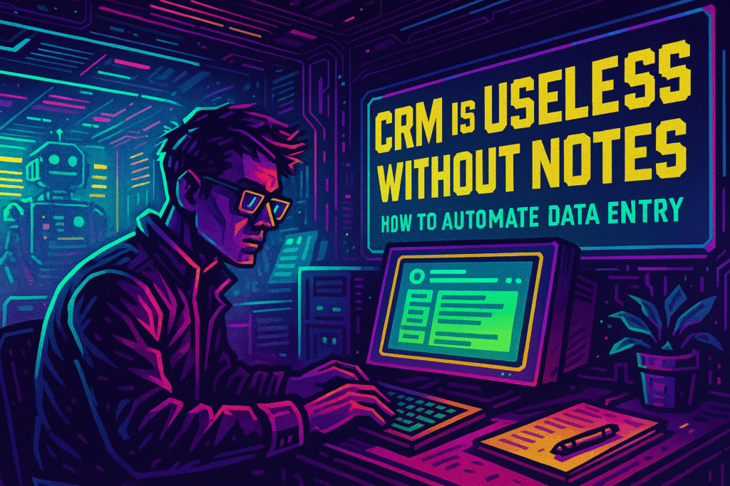 Cyberpunk-style illustration showing a stressed recruiter typing on an old keyboard with an empty CRM screen warning “No Data Entered — No Deals” on the left, and a glowing futuristic Voipcom AI robot on the right projecting a holographic AI call summary directly into the CRM dashboard. Neon lights and futuristic cityscape in the background.