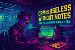 Cyberpunk-style illustration showing a stressed recruiter typing on an old keyboard with an empty CRM screen warning “No Data Entered — No Deals” on the left, and a glowing futuristic Voipcom AI robot on the right projecting a holographic AI call summary directly into the CRM dashboard. Neon lights and futuristic cityscape in the background.