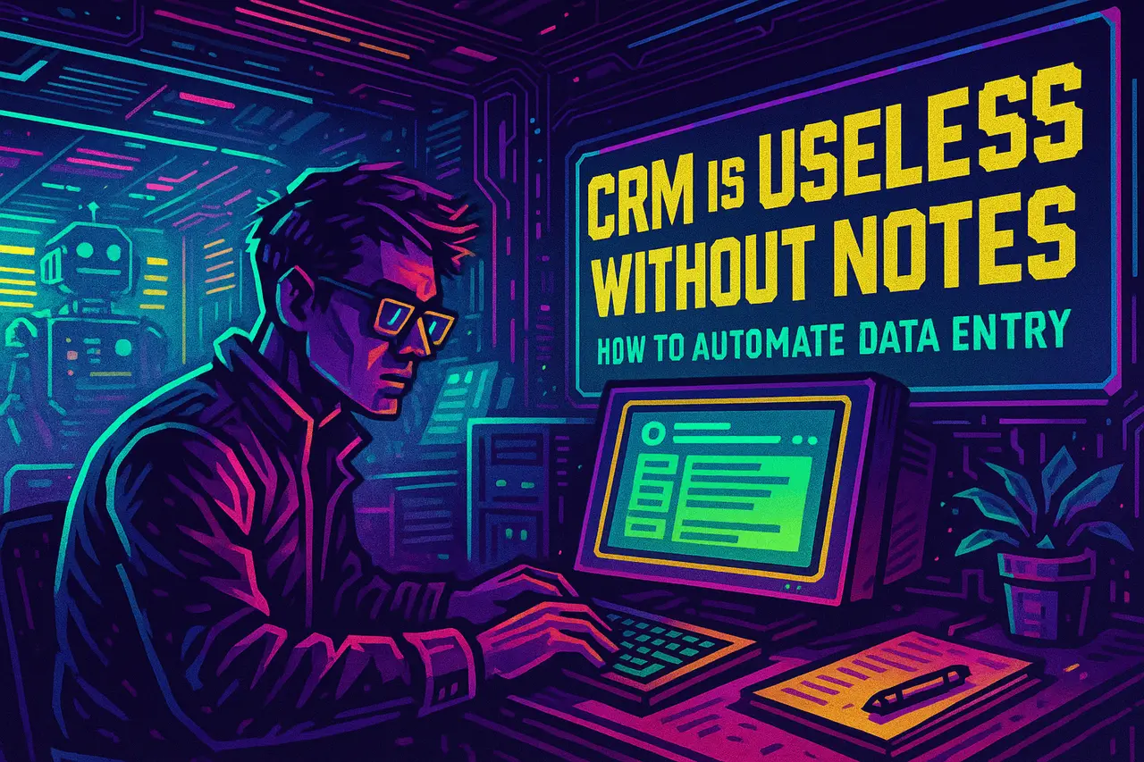 Cyberpunk-style illustration showing a stressed recruiter typing on an old keyboard with an empty CRM screen warning “No Data Entered — No Deals” on the left, and a glowing futuristic Voipcom AI robot on the right projecting a holographic AI call summary directly into the CRM dashboard. Neon lights and futuristic cityscape in the background.