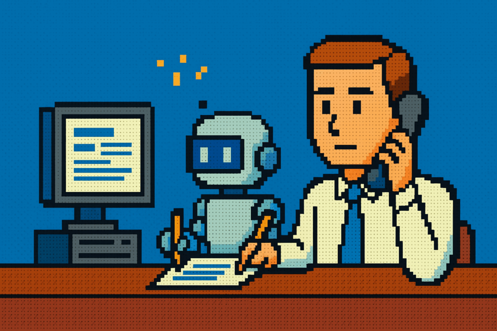 8-bit pixel art in EGA colors showing a business professional on the phone while a friendly AI robot types call notes into a computer, symbolizing Voipcom AI integration with Zoho CRM.