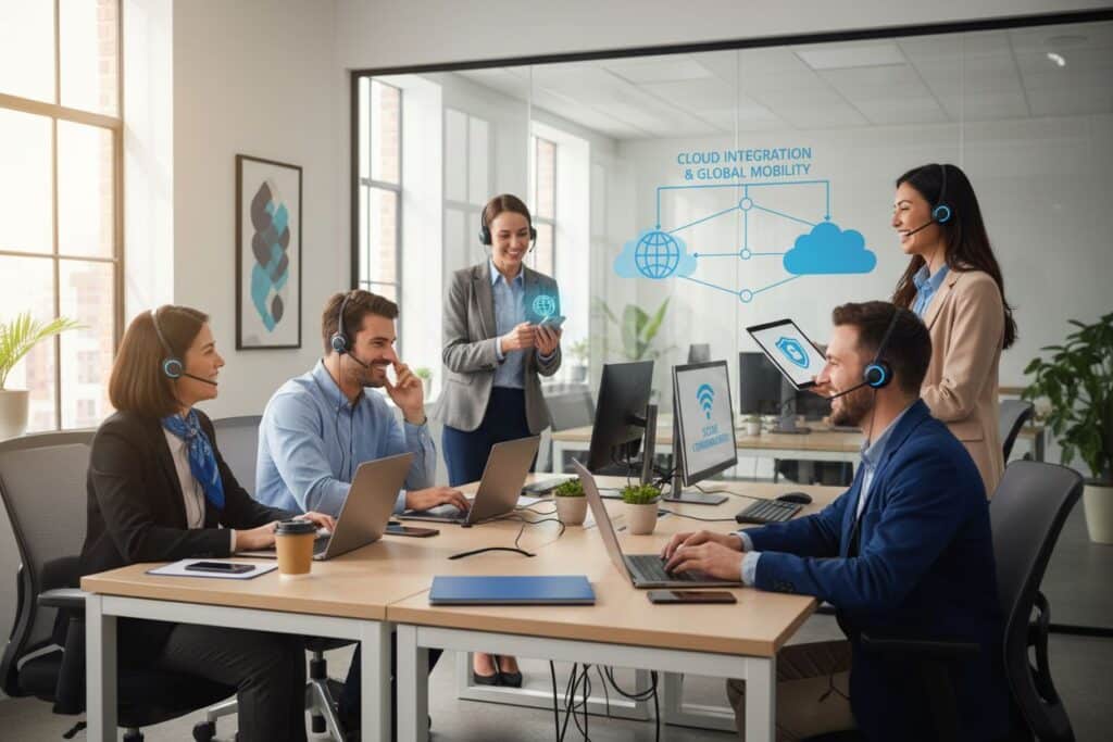VoIP business features, teamwork, modern office