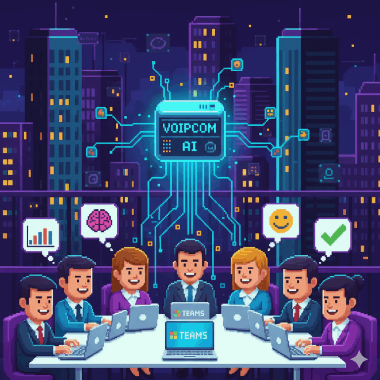 A pixel art illustration showing a team of professionals collaborating in an office with laptops open to "TEAMS." A central, glowing "Voipcom AI" icon connects to them, symbolizing seamless integration and intelligent communication.