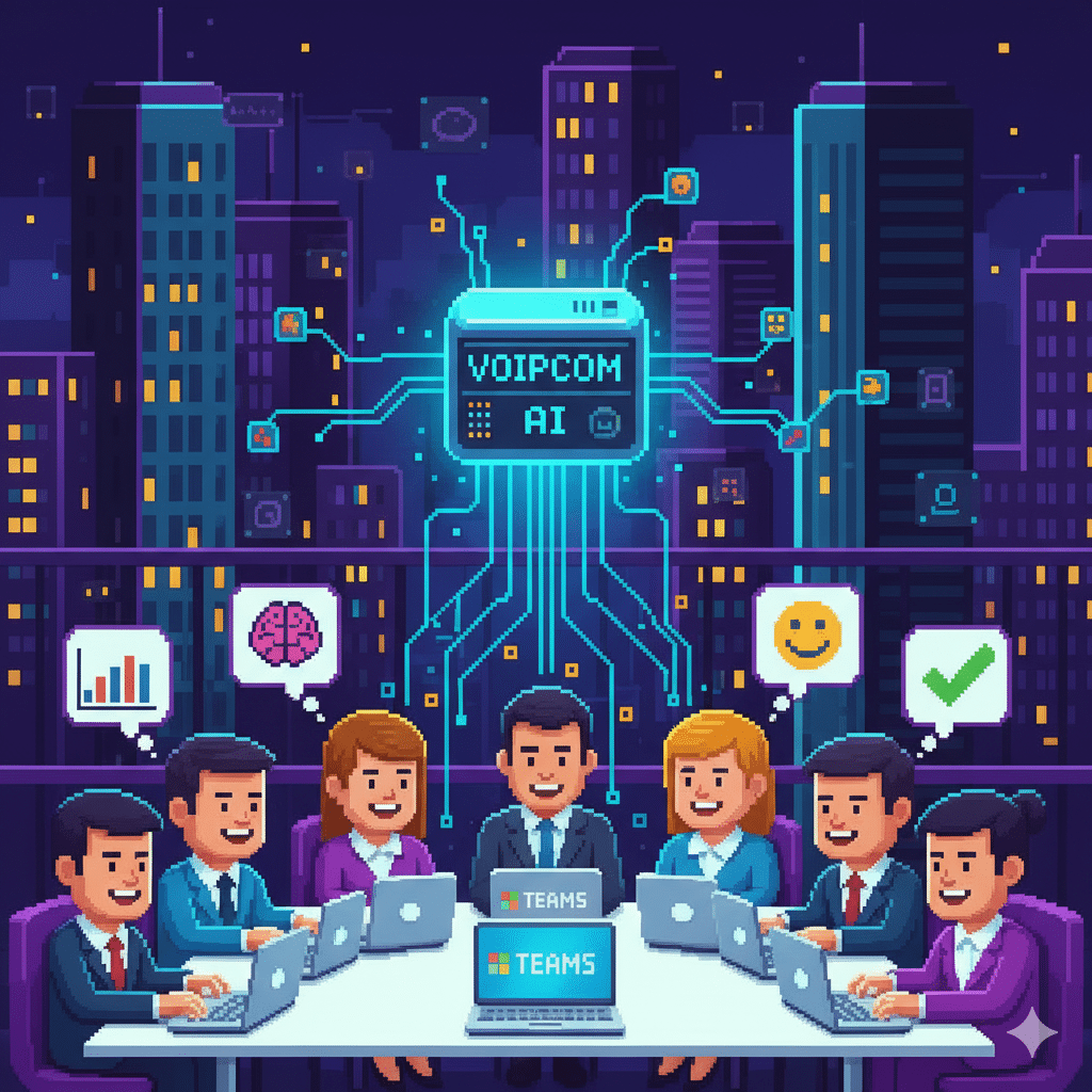 A pixel art illustration showing a team of professionals collaborating in an office with laptops open to "TEAMS." A central, glowing "Voipcom AI" icon connects to them, symbolizing seamless integration and intelligent communication.