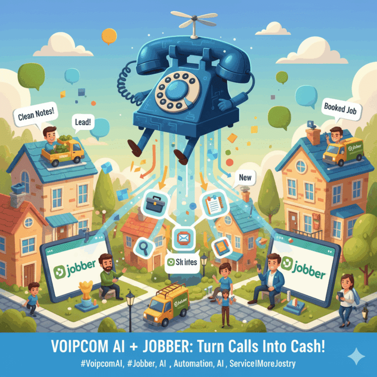 A pixel art illustration in a fall theme with pumpkins and orange trees, showing a large telecom tower labeled 'Voipcom AI' connecting a 'NetSapiens' phone to various CRMs like 'Zoho/Salesforce', 'Clio', and 'AgencyBloc', with labels for 'Structured Data' and 'Automation'.