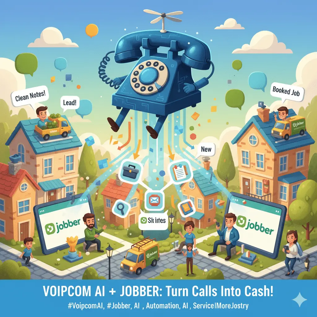 A pixel art illustration in a fall theme with pumpkins and orange trees, showing a large telecom tower labeled 'Voipcom AI' connecting a 'NetSapiens' phone to various CRMs like 'Zoho/Salesforce', 'Clio', and 'AgencyBloc', with labels for 'Structured Data' and 'Automation'.